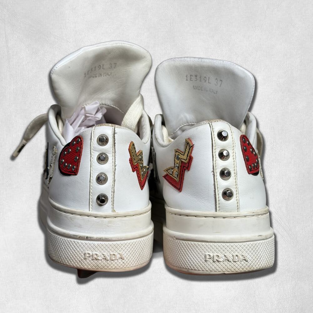 7W US (37) | Prada Robot Heart Patches White Leather Sneaker - Picture 8 of 10